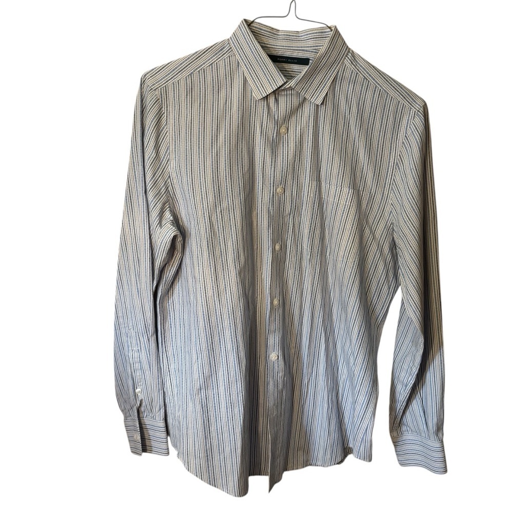 Perry Ellis Shirt Medium Men's Multicolor Striped Button-Down Blue White Checked